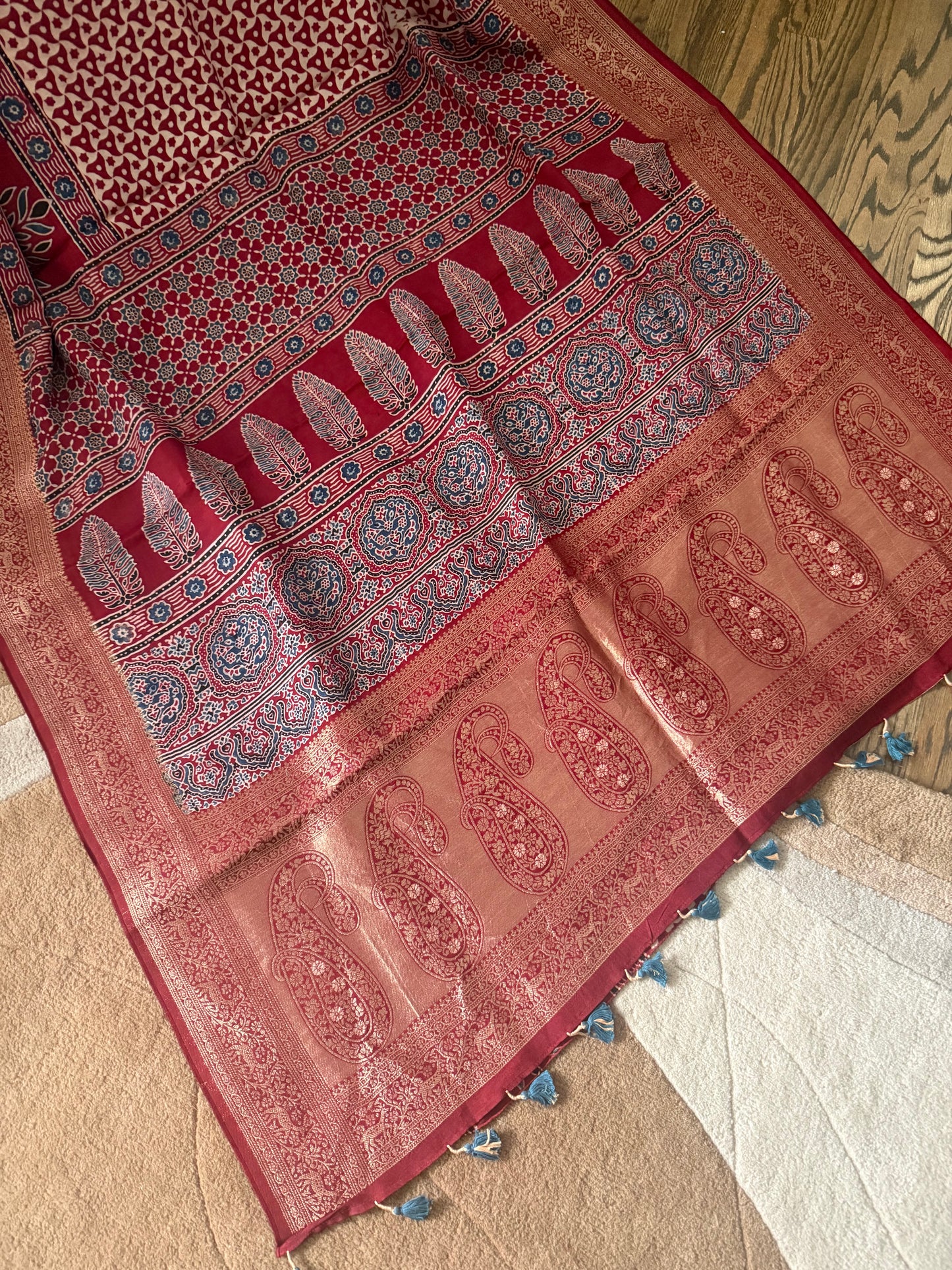 Ajarakh Natural Color Dyed hand block printed Saree on Dola Silk- Red