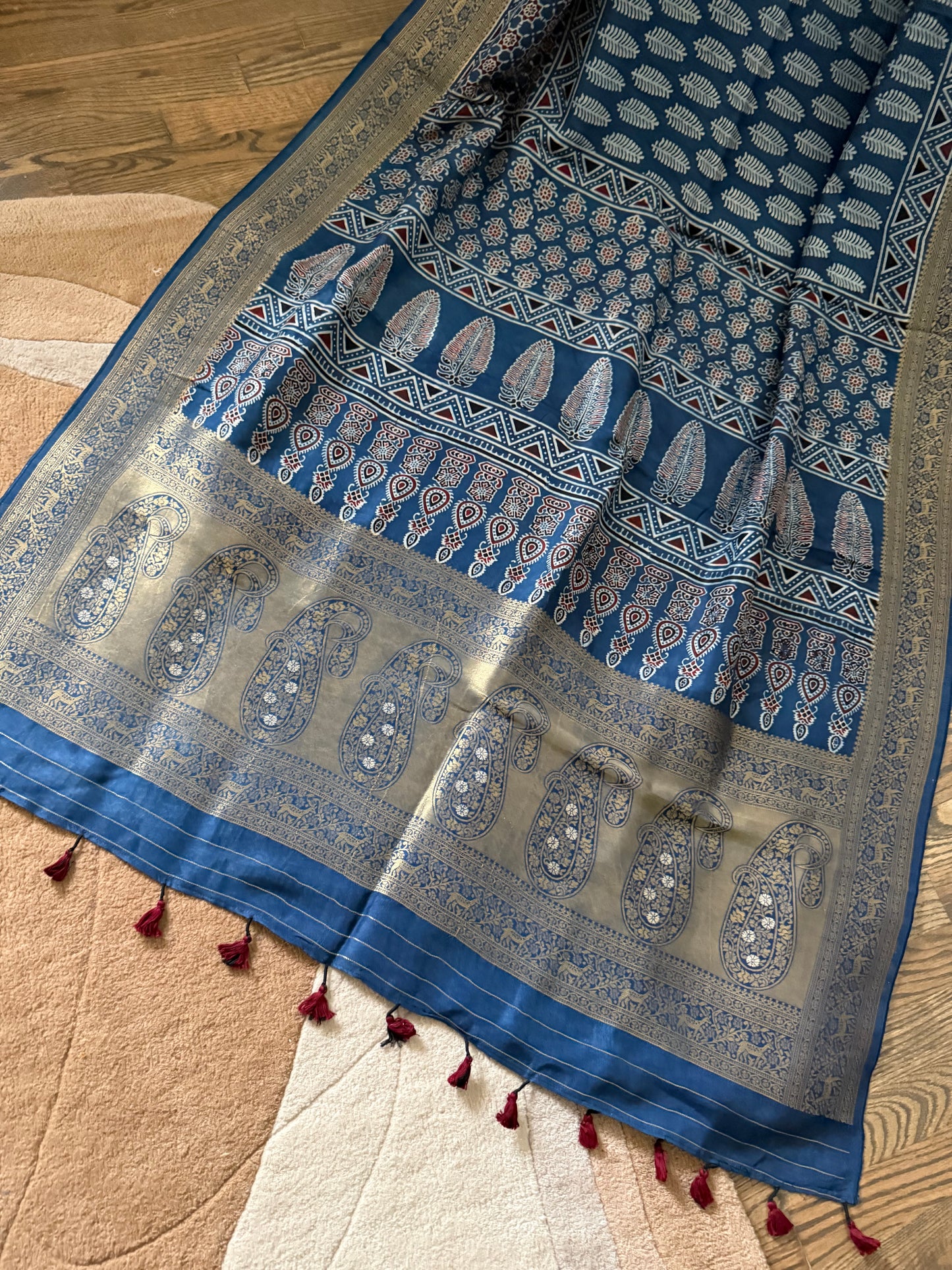 Ajarakh Natural Color Dyed hand block printed Saree on Dola Silk- Blue