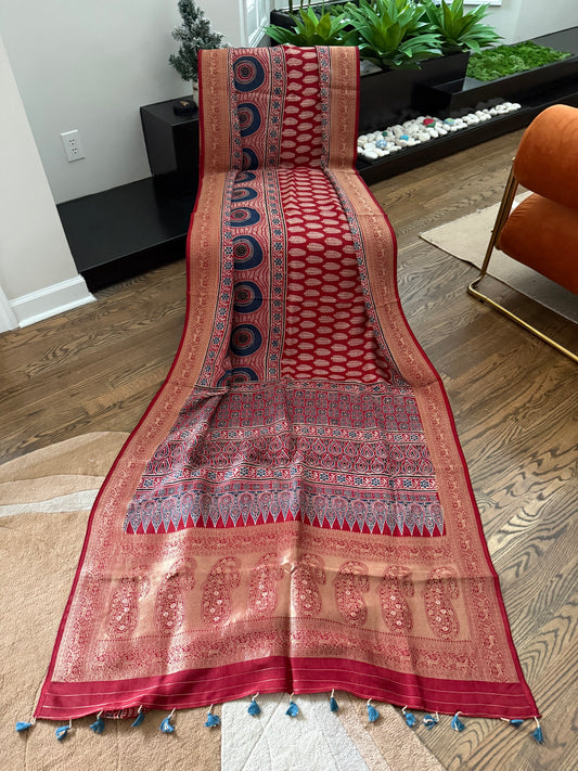 Ajarakh Natural Color Dyed hand block printed Saree on Dola Silk- Red