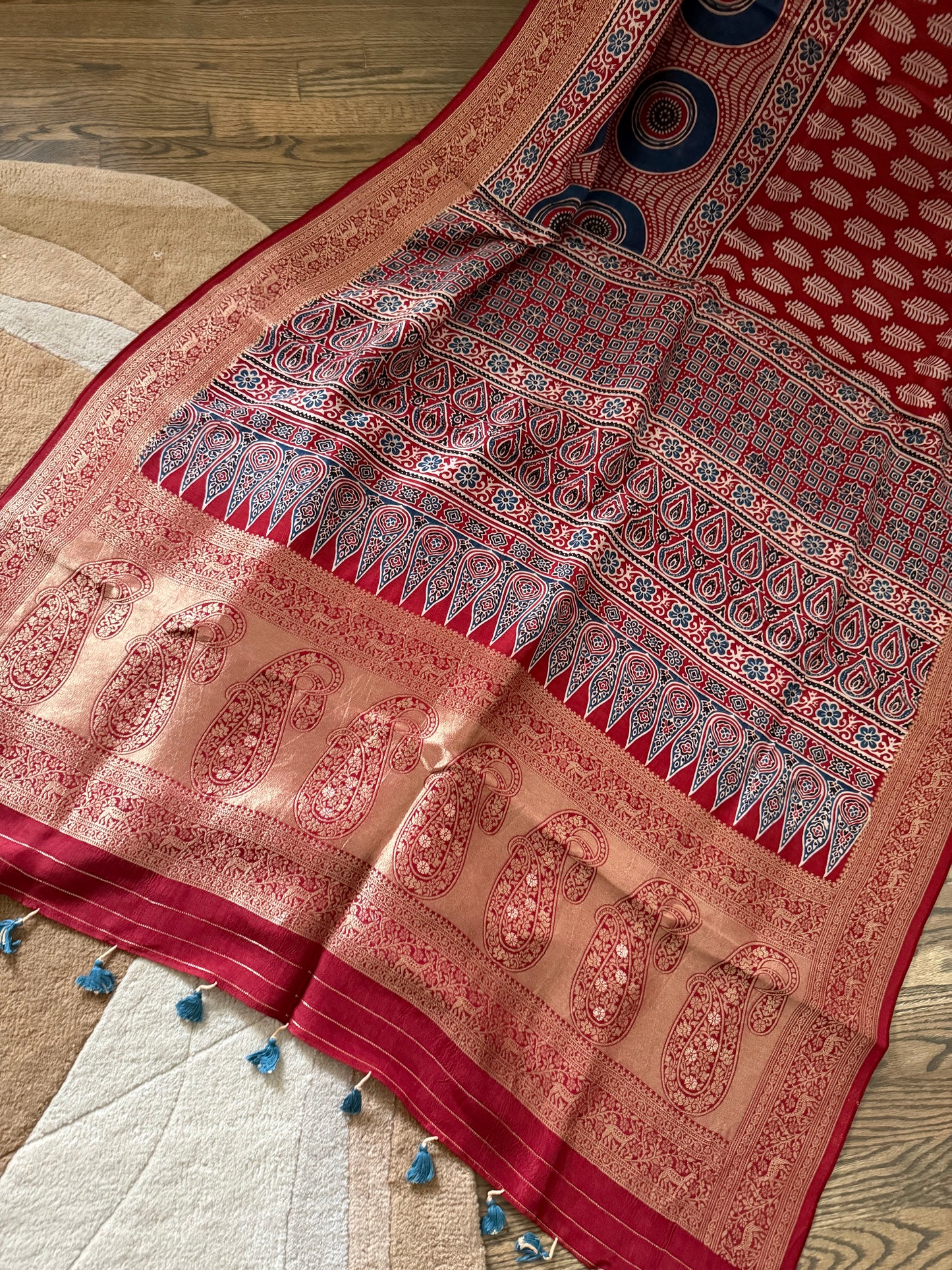 Ajarakh Natural Color Dyed hand block printed Saree on Dola Silk- Red