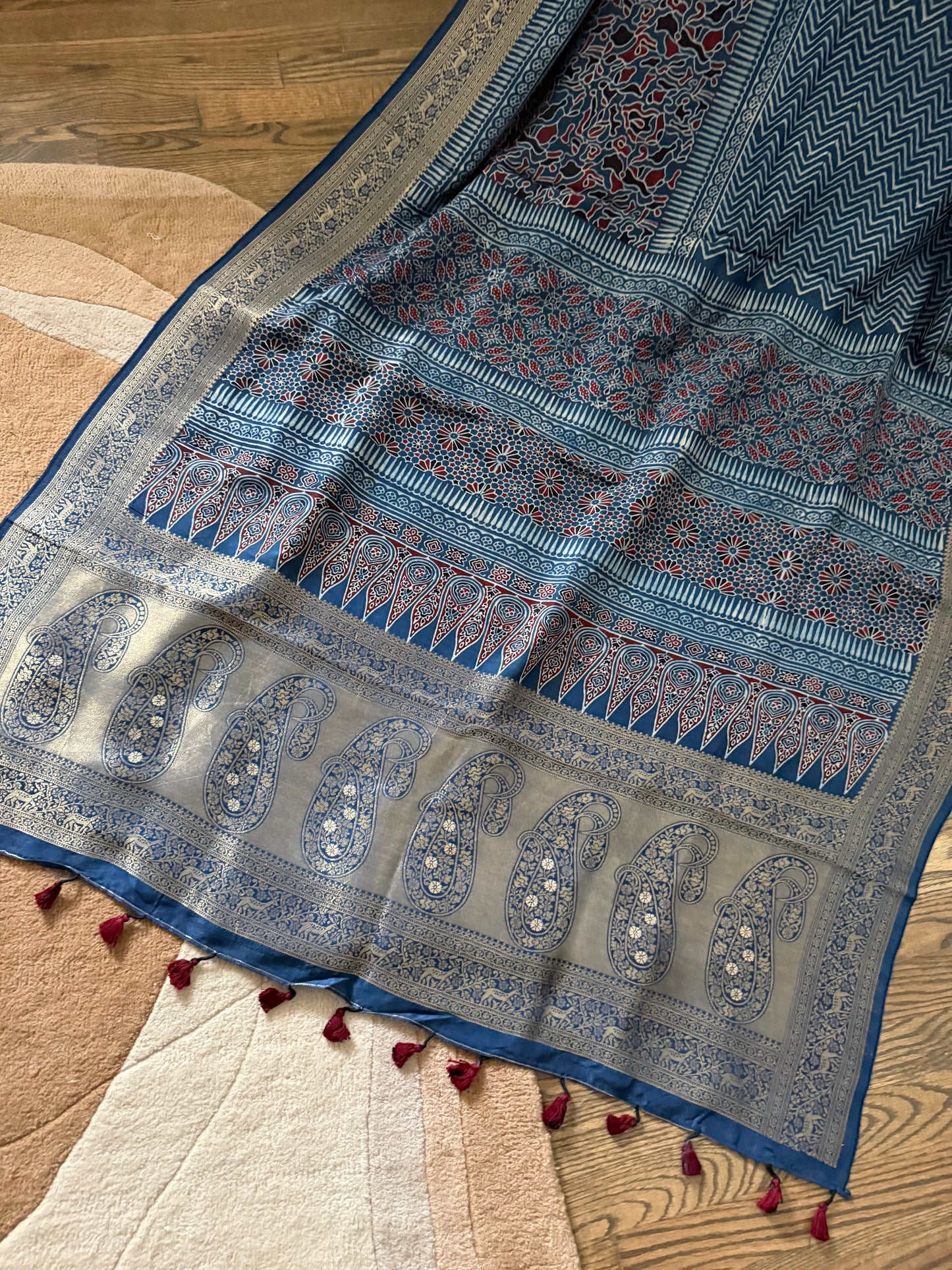 Ajarakh Natural Color Dyed hand block printed Saree on Dola Silk- Blue