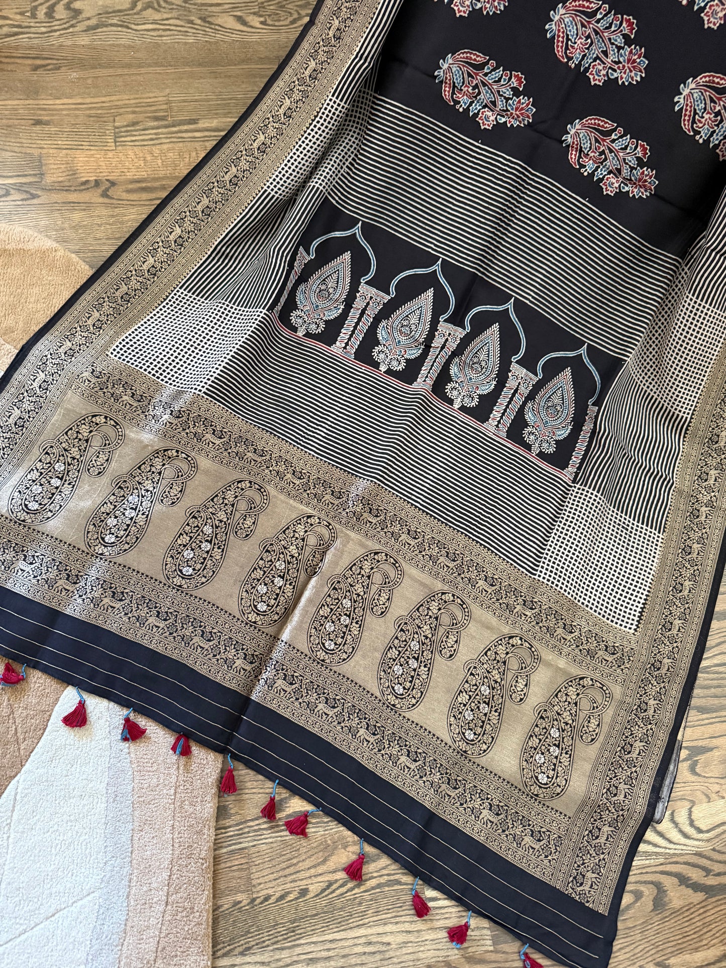 Ajarakh Natural Color Dyed hand block printed Saree on Dola Silk