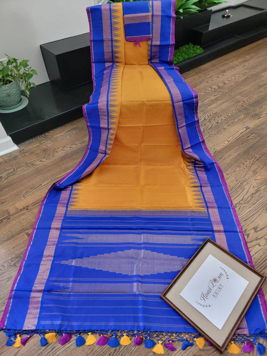 Arani Silk Saree - Mustards Yellow & Royal Blue