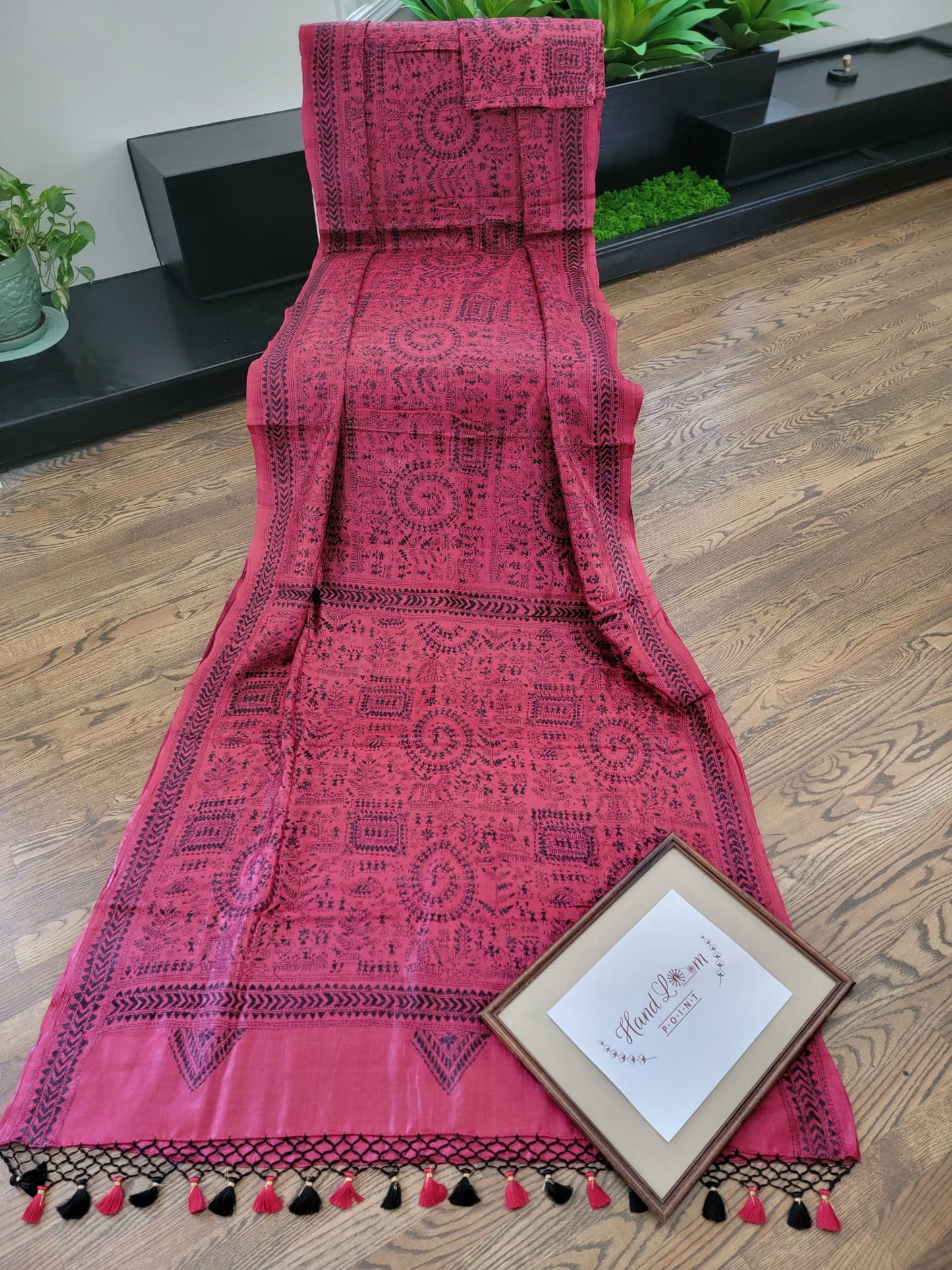 Hand Embroidery Kantha Saree on Tusser Silk - Maroon