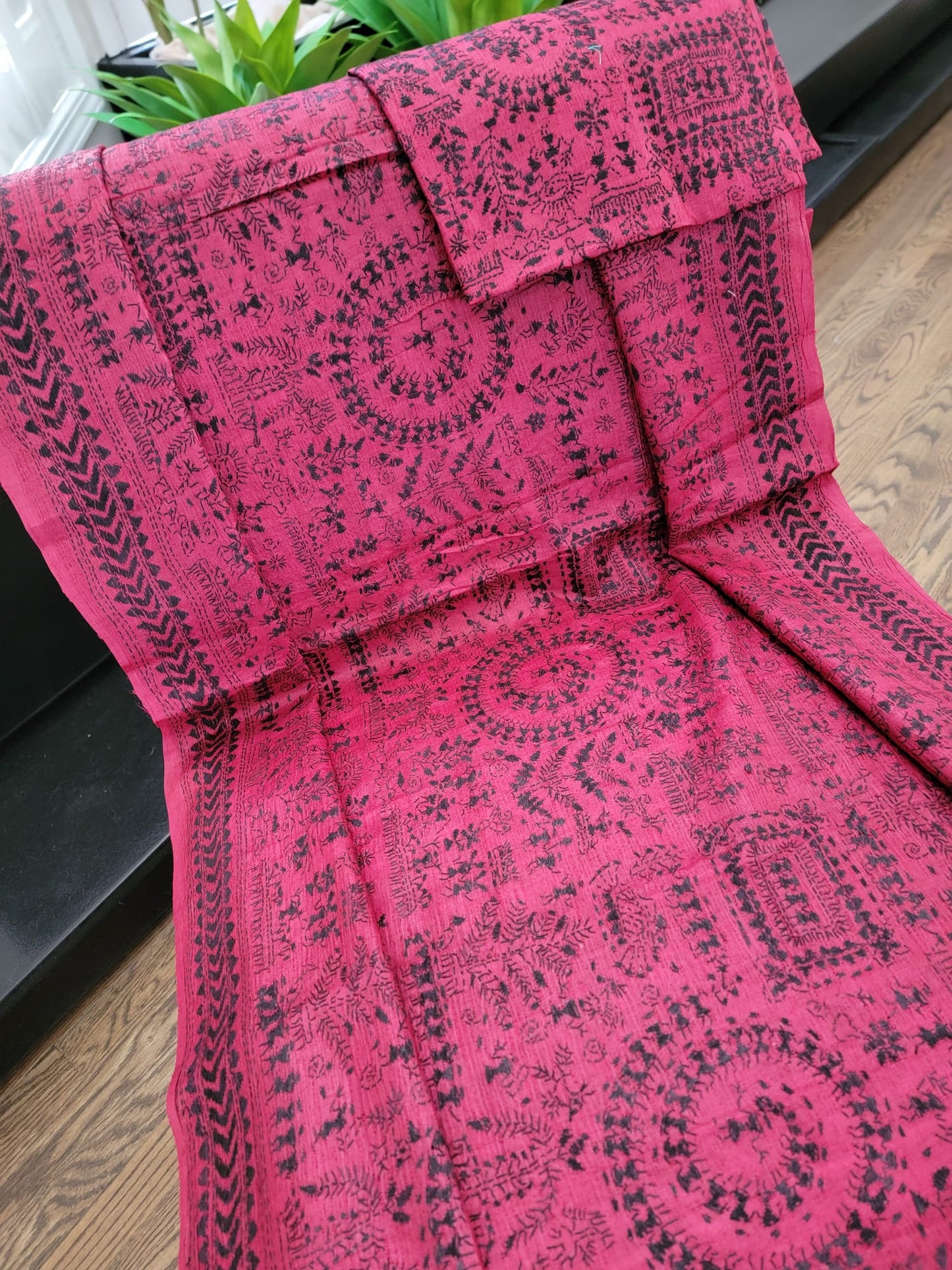 Hand Embroidery Kantha Saree on Tusser Silk - Maroon