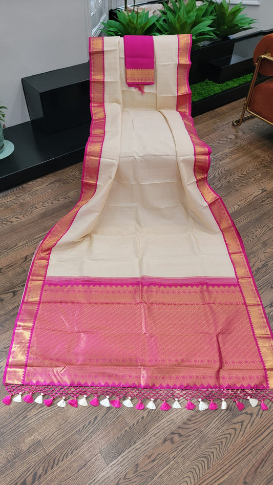 Kanjivaram - Pearl White / Fuchsia Pink