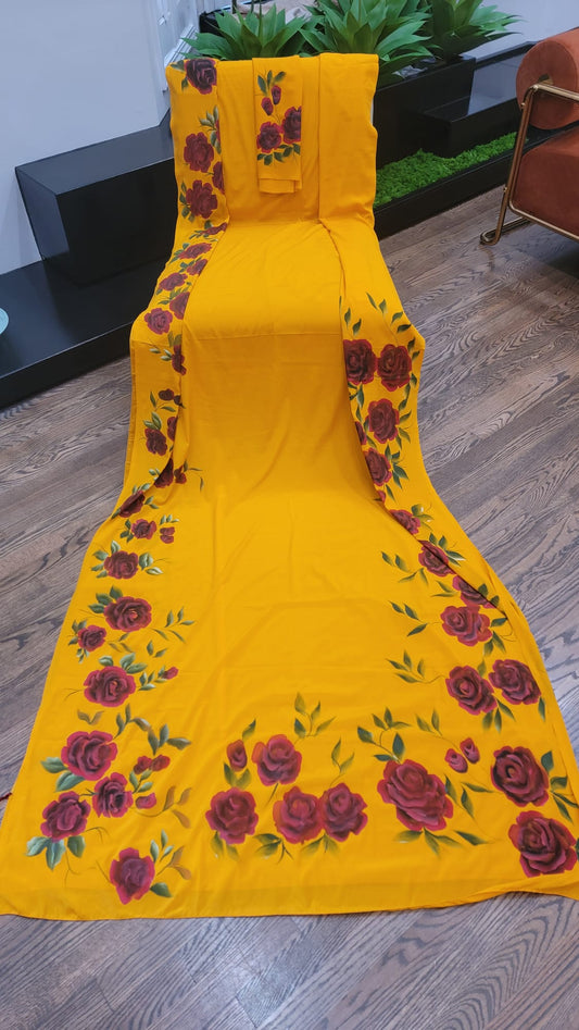 Hand Painted floral Saree on Crape