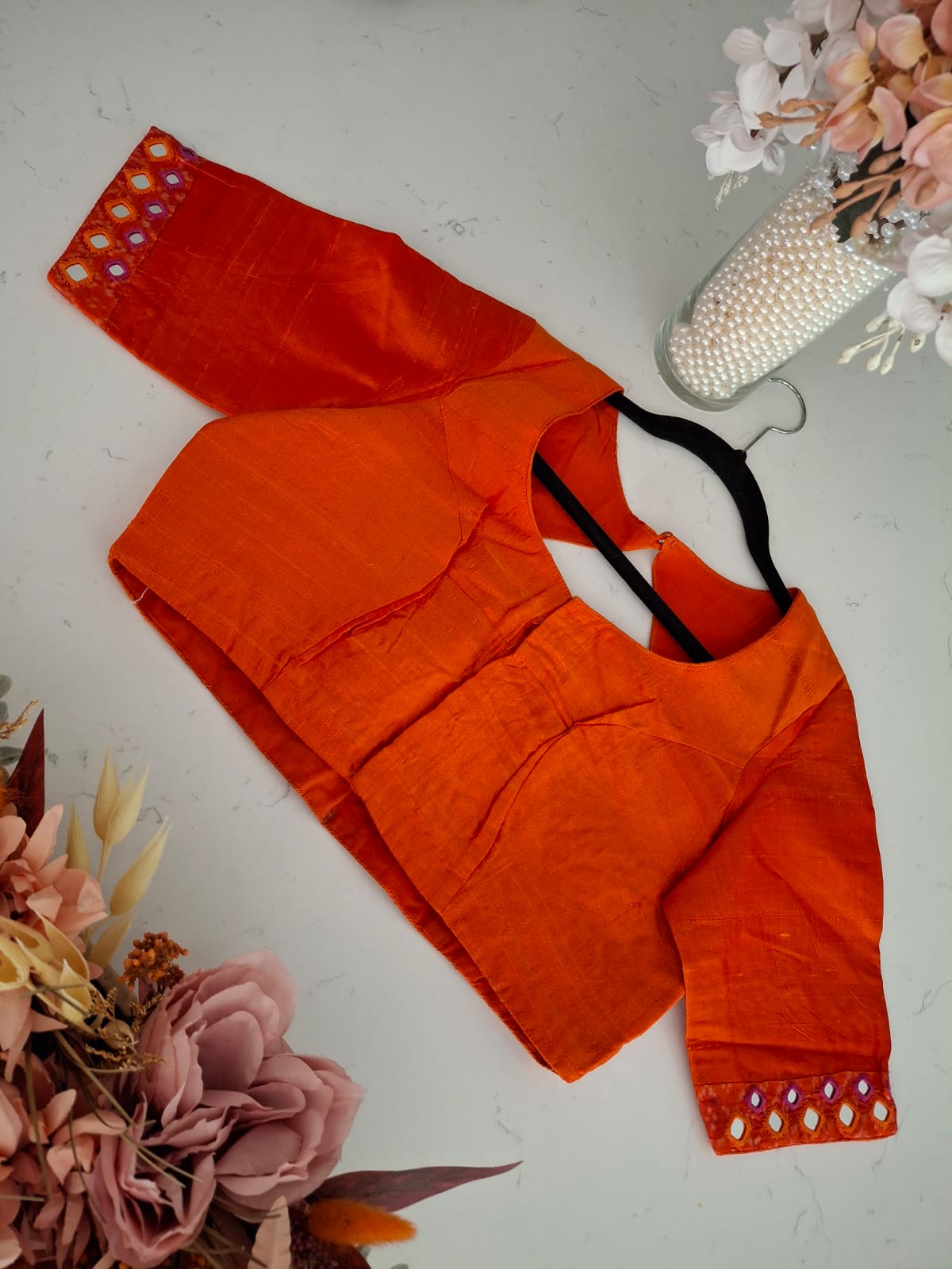 hand embroidered Mirror Work ikkat blouse - Saffron