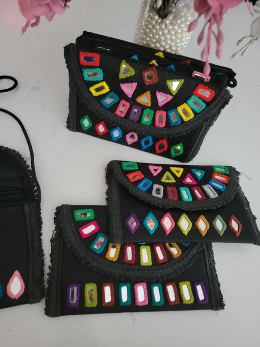 Hand embroidered Mirror work Clutches - Black