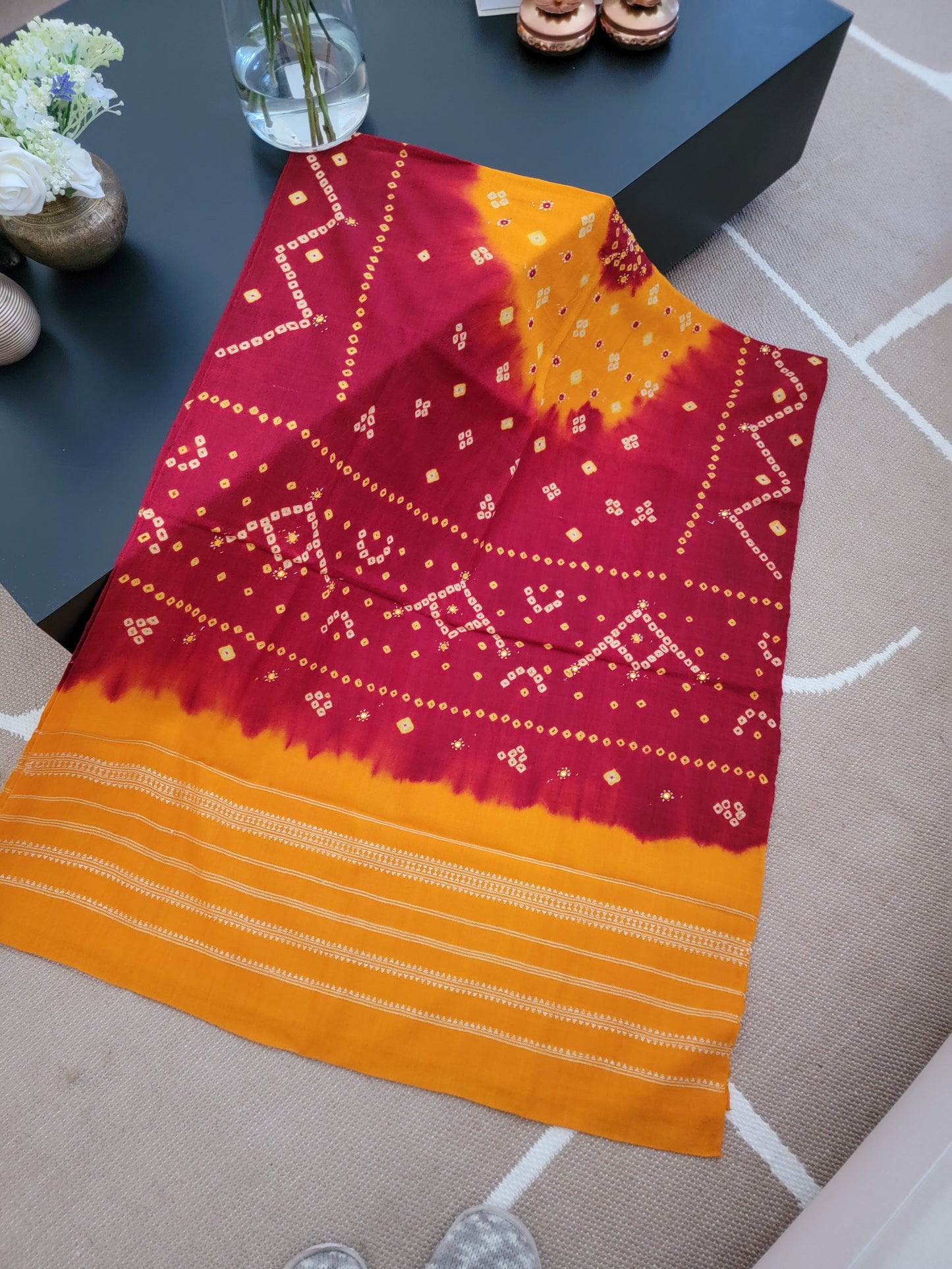 Hand Woven Bandhej Marino Sheep Wool Shawl