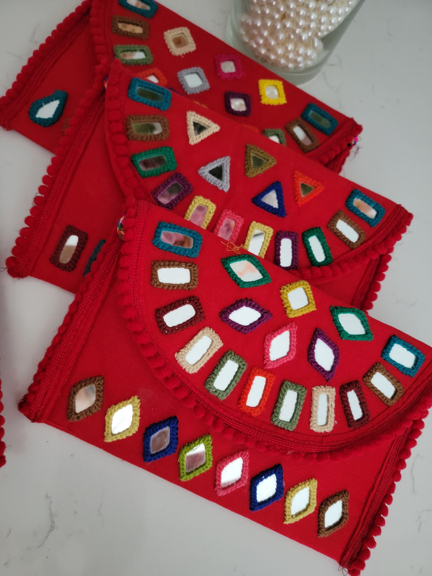 Hand embroidered Mirror work Clutches - Red