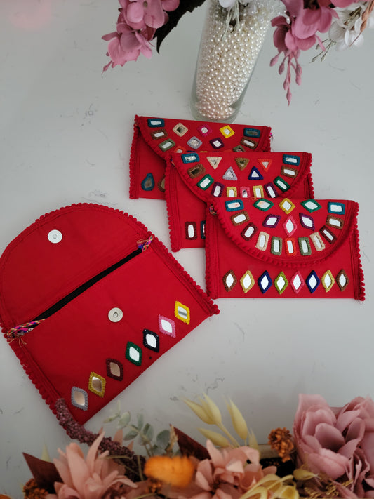 Hand embroidered Mirror work Clutches - Red