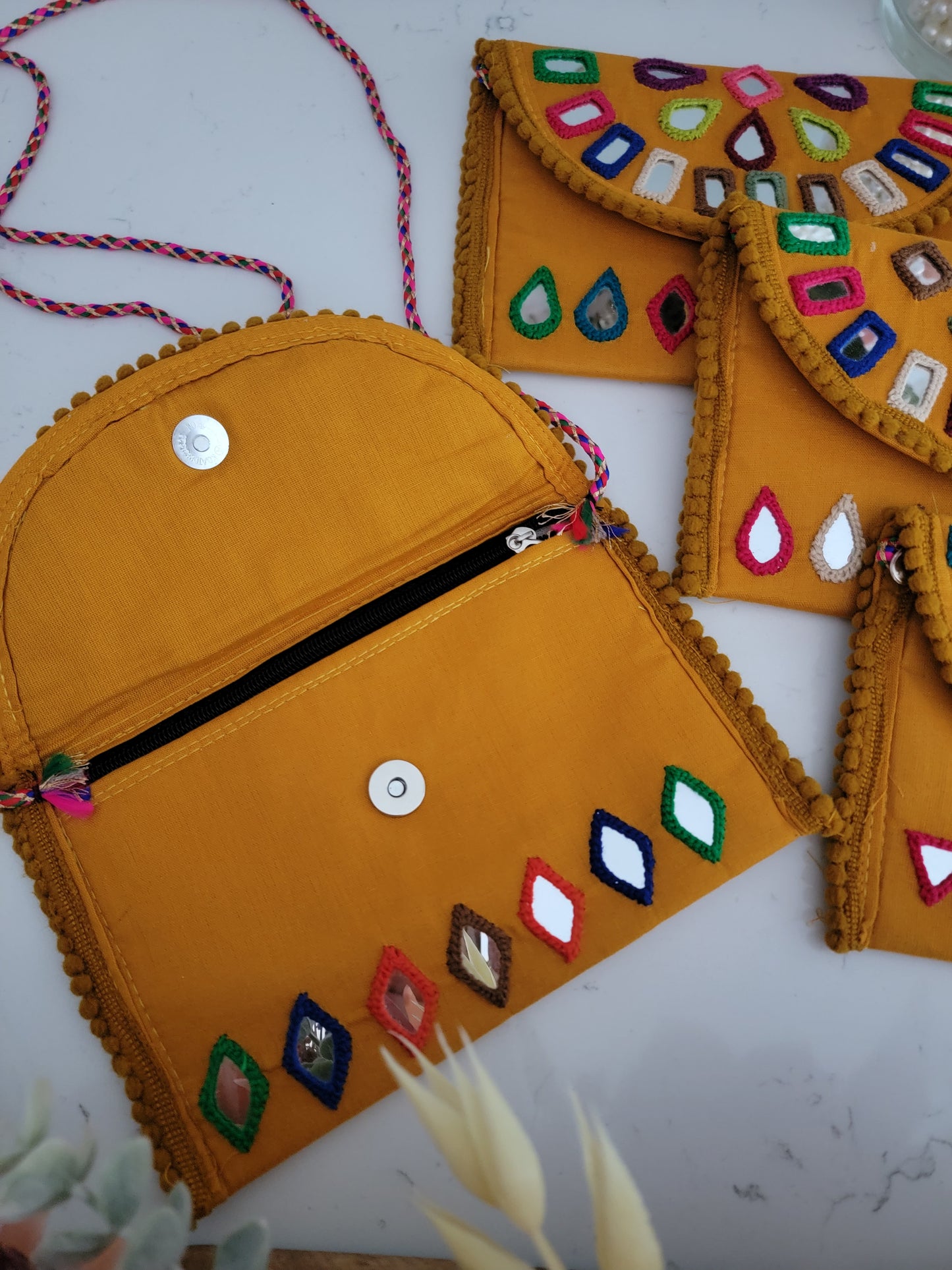 Hand embroidered Mirror work Clutches - Yellow